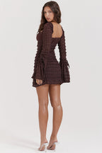 Marisa | Rich Brown Floral Lace Drawstring Bust Mini Dress