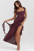 Soho | Square Neck Thigh-High Slit Ruffle Side Maxi Dress