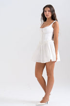 Cupido | White Stretch Twill Mini Dress – Romantic Tulle Layered Date Night Gown