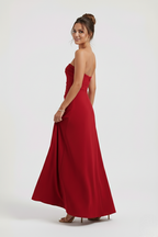 Meadow | Strapless Ruched Crepe Thigh-High Split Maxi Dress