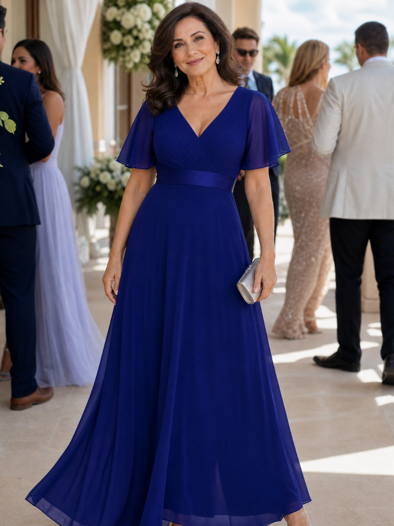 Mige | Short Flutter Sleeve Defined Waist Maxi Dress
