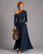 Nythera | One Shoulder Fitted Top And Pleated Maxi Skirt Set
