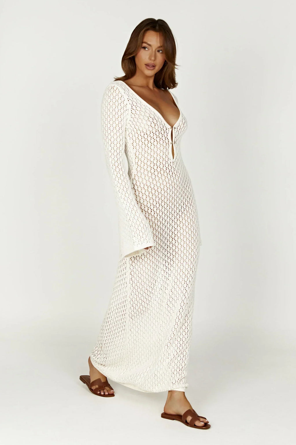 Kelsey | Breezy Flared Sleeve Open-Knit Maxi Dress