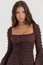 Marisa | Rich Brown Floral Lace Drawstring Bust Mini Dress