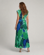 Omnios | Abstract Pleated Cap Sleeve V Neck Midi Dress