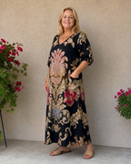 Evarose | Ornate Vintage Print Three Quarter Sleeve Midi Dress