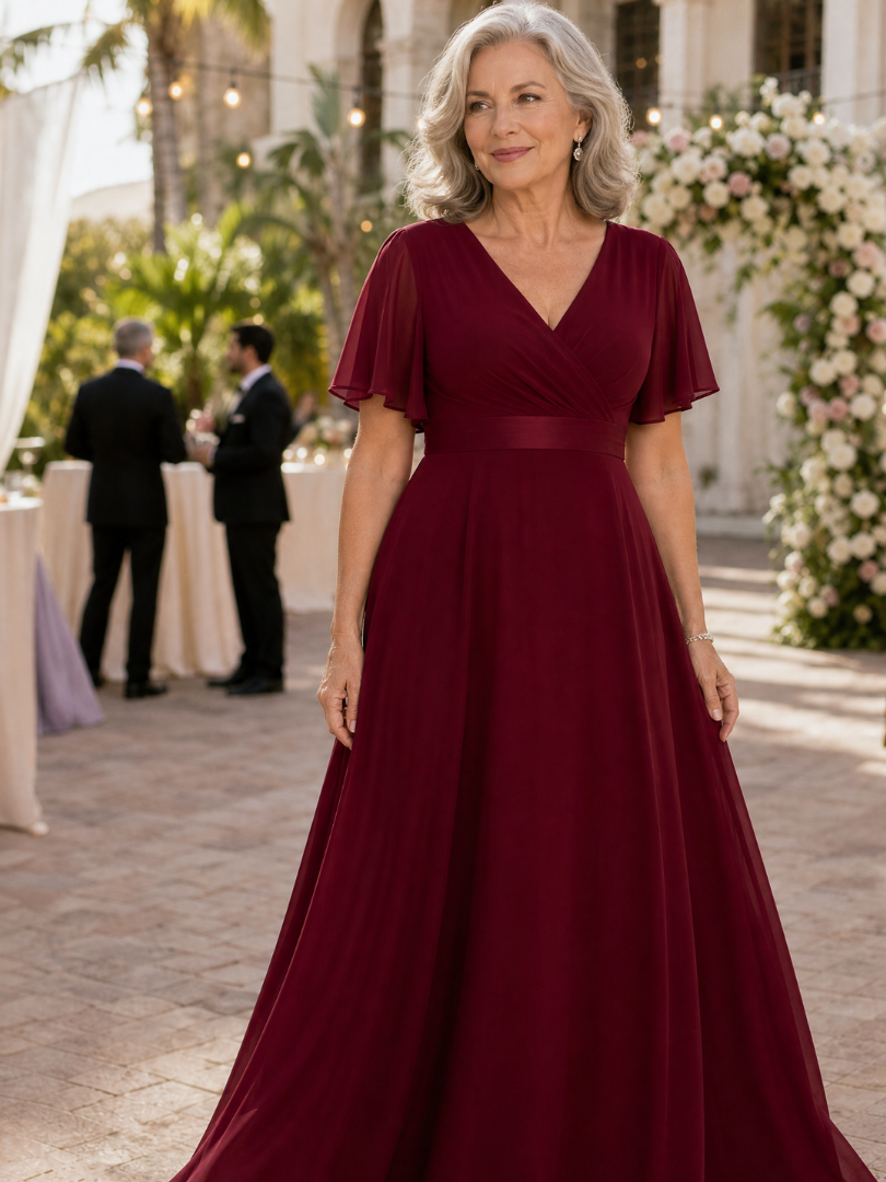Mige | Short Flutter Sleeve Defined Waist Maxi Dress
