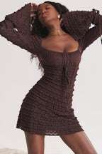 Marisa | Rich Brown Floral Lace Drawstring Bust Mini Dress