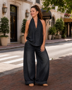 Zorelle | Halter Neck Denim Top And Wide Leg Pants Set