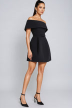 Clare | Structured A-Line Black Off-Shoulder Mini Dress