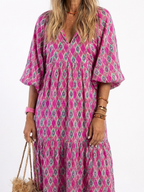 Apolline | Three Quarter Sleeve V Neck Patterned Midi Dress