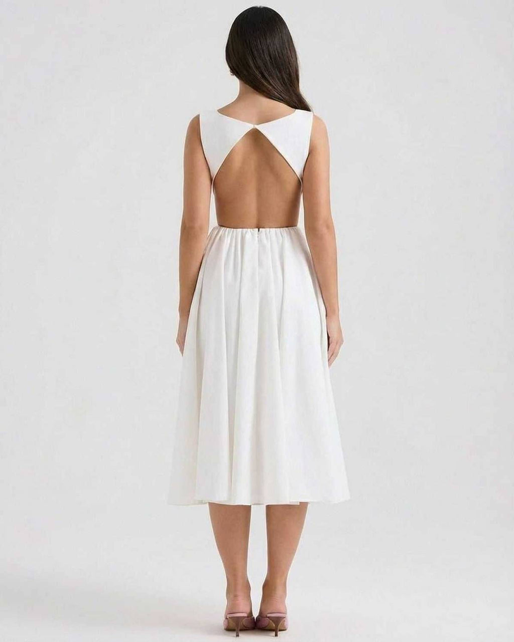 Halle | White Open-Back A-Line Midi Dress Wedding & Summer Party Gown