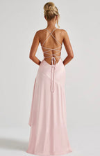 Lucia | High-Low Ruffle Hem Satin Twist Cowl Maxi Dress