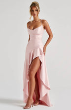 Lucia | High-Low Ruffle Hem Satin Twist Cowl Maxi Dress