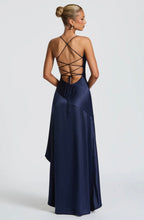 Lucia | High-Low Ruffle Hem Satin Twist Cowl Maxi Dress