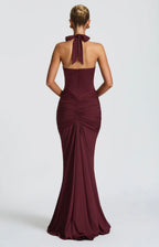 Natasha | Ruched Bodycon Plunging Halter Maxi Dress