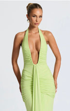 Natasha | Ruched Bodycon Plunging Halter Maxi Dress
