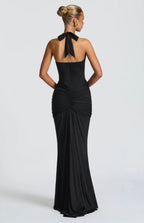 Natasha | Ruched Bodycon Plunging Halter Maxi Dress