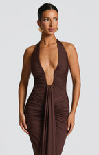 Natasha | Ruched Bodycon Plunging Halter Maxi Dress