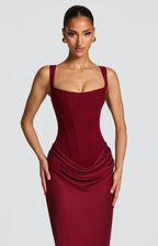 Nina | Sculpted Lowered Waist Square Neck Crepe Maxi Dress