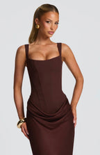 Nina | Sculpted Lowered Waist Square Neck Crepe Maxi Dress