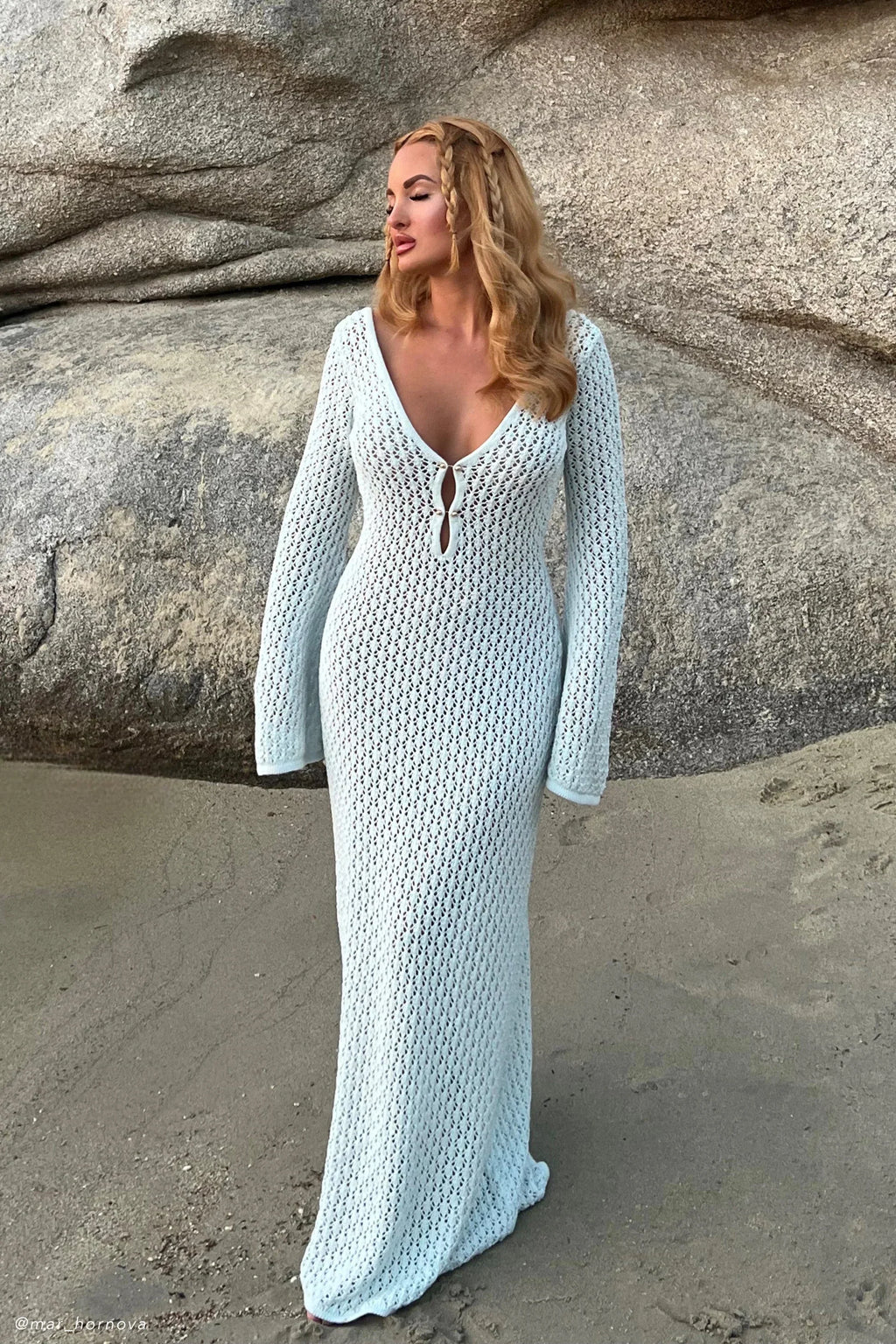 Kelsey | Breezy Flared Sleeve Open-Knit Maxi Dress