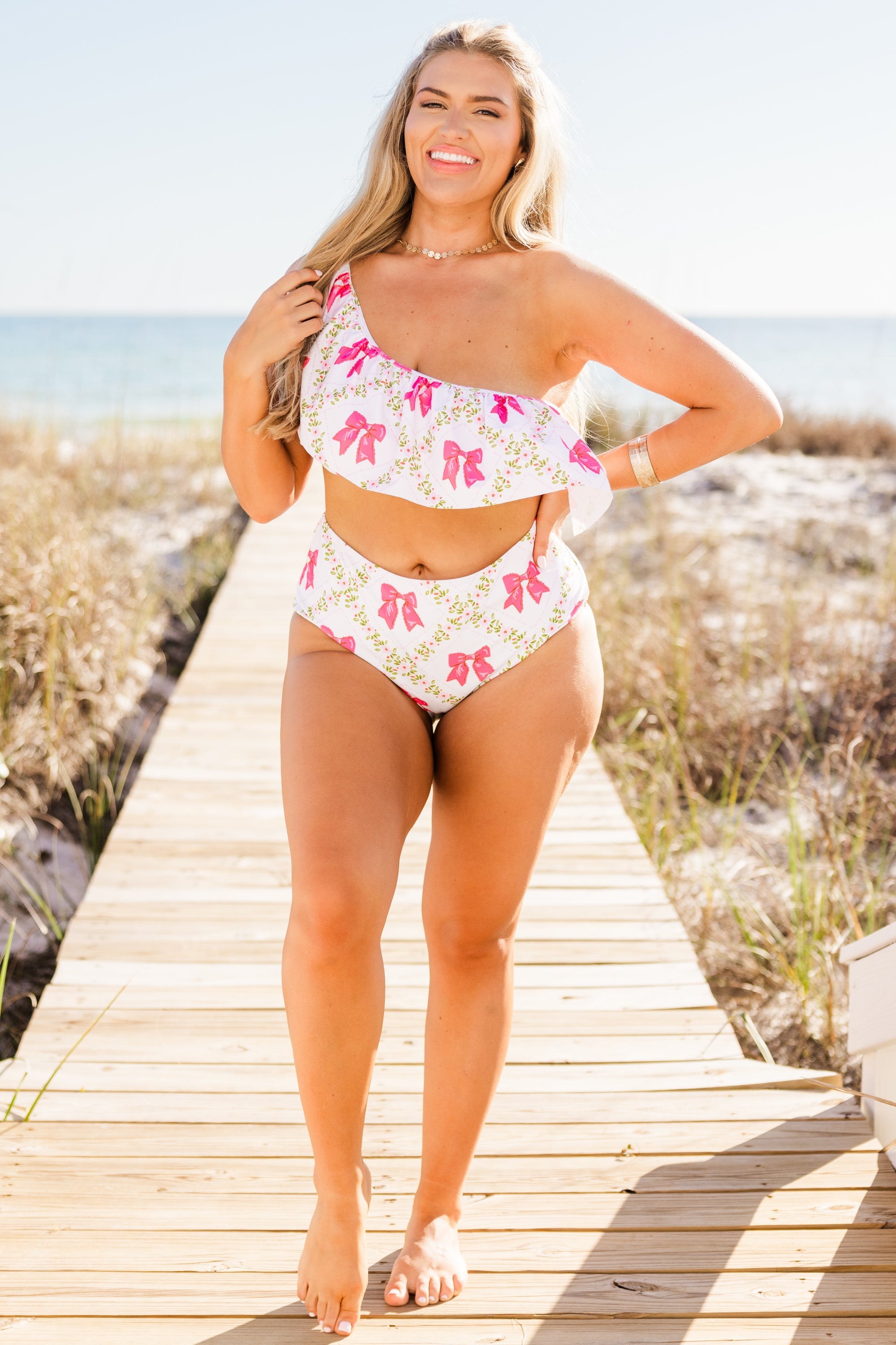 Let's Go Watch The Sunset Swim Bottom, Pink Bow