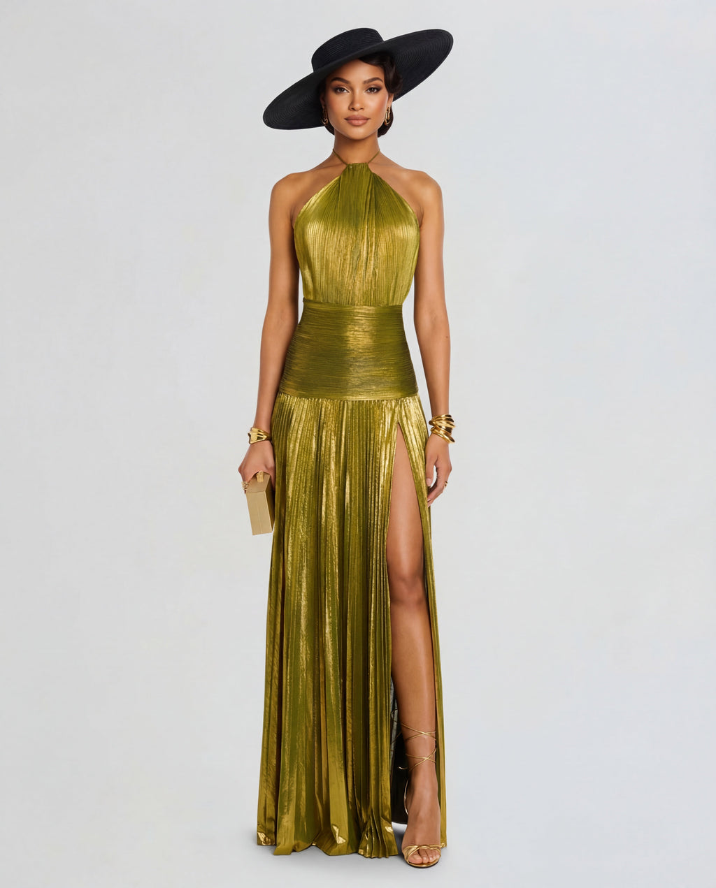 Talia | Luminous Metallic Halter Maxi Dress