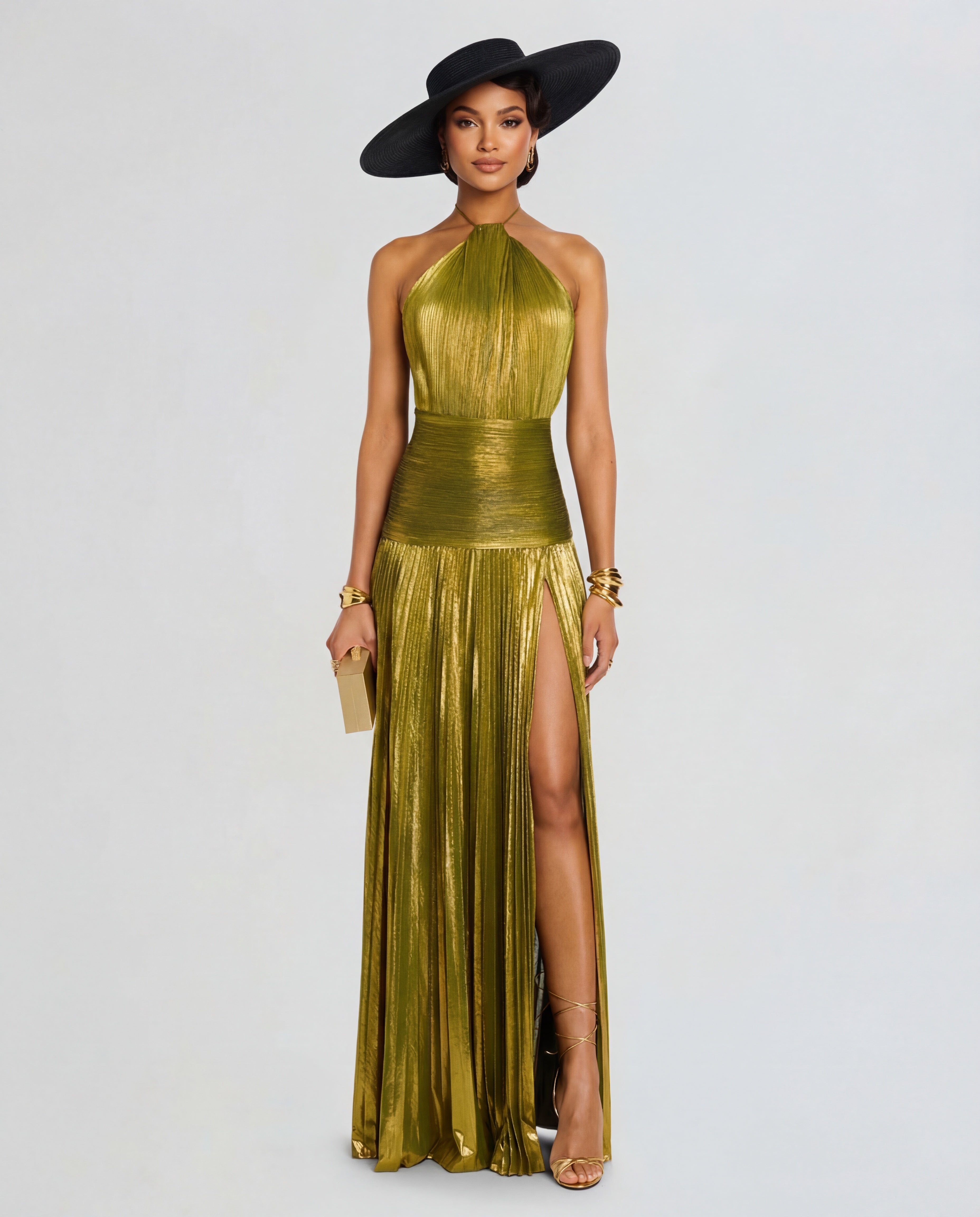 Talia | Luminous Metallic Halter Maxi Dress