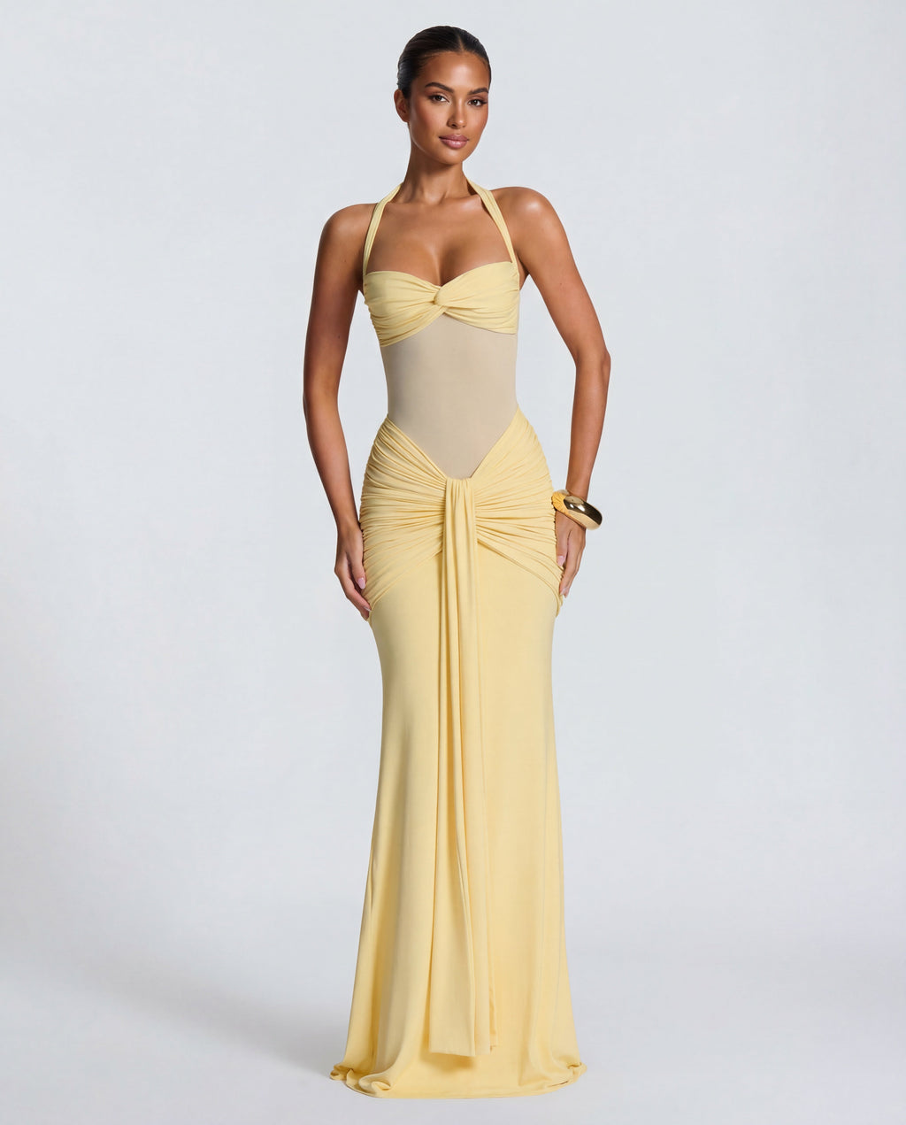 Rosabella |  Radiant Yellow Halter Neck Ruched Maxi Dress