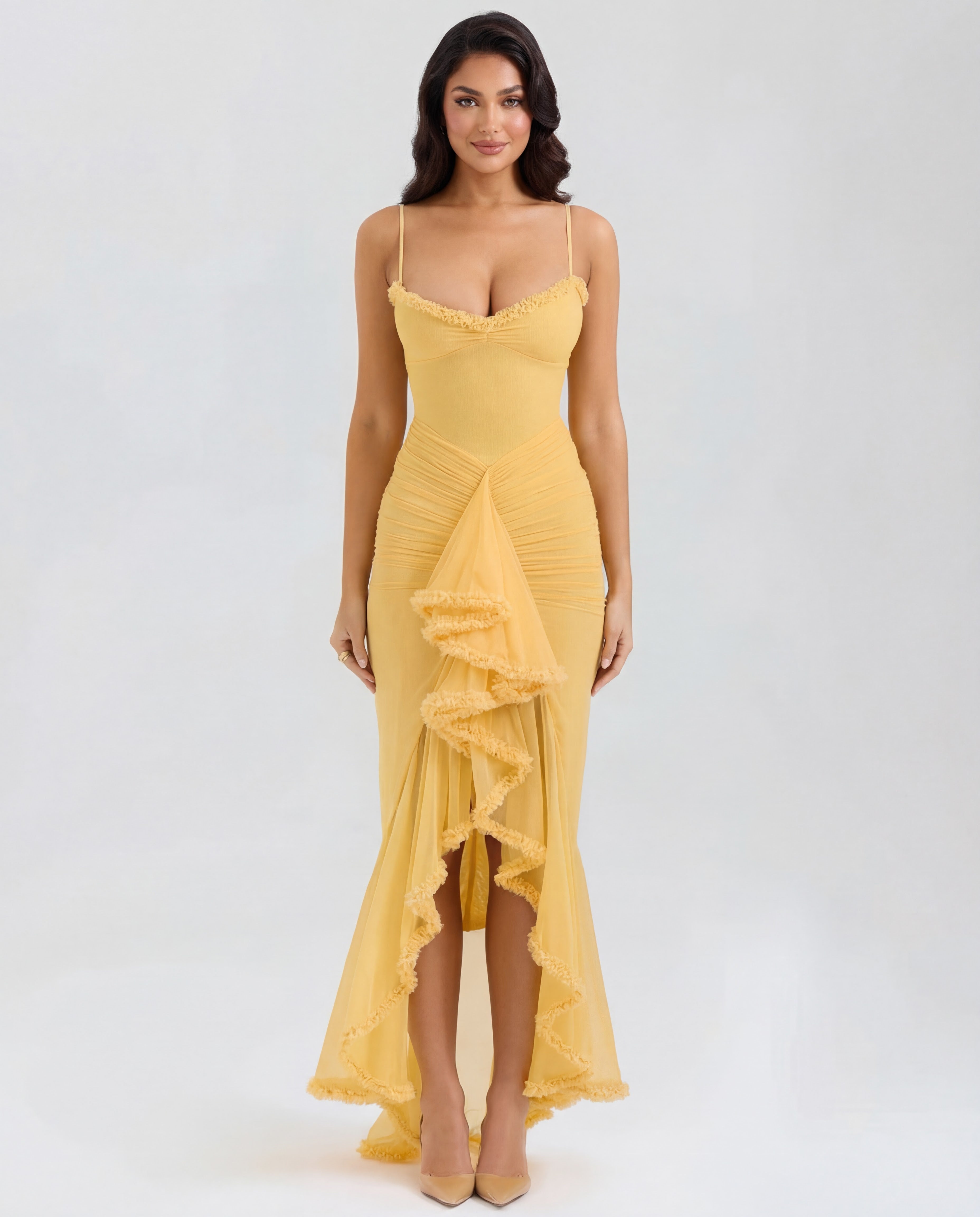 Mona | Cascading Ruffle Sweetheart Ruched Maxi Dress