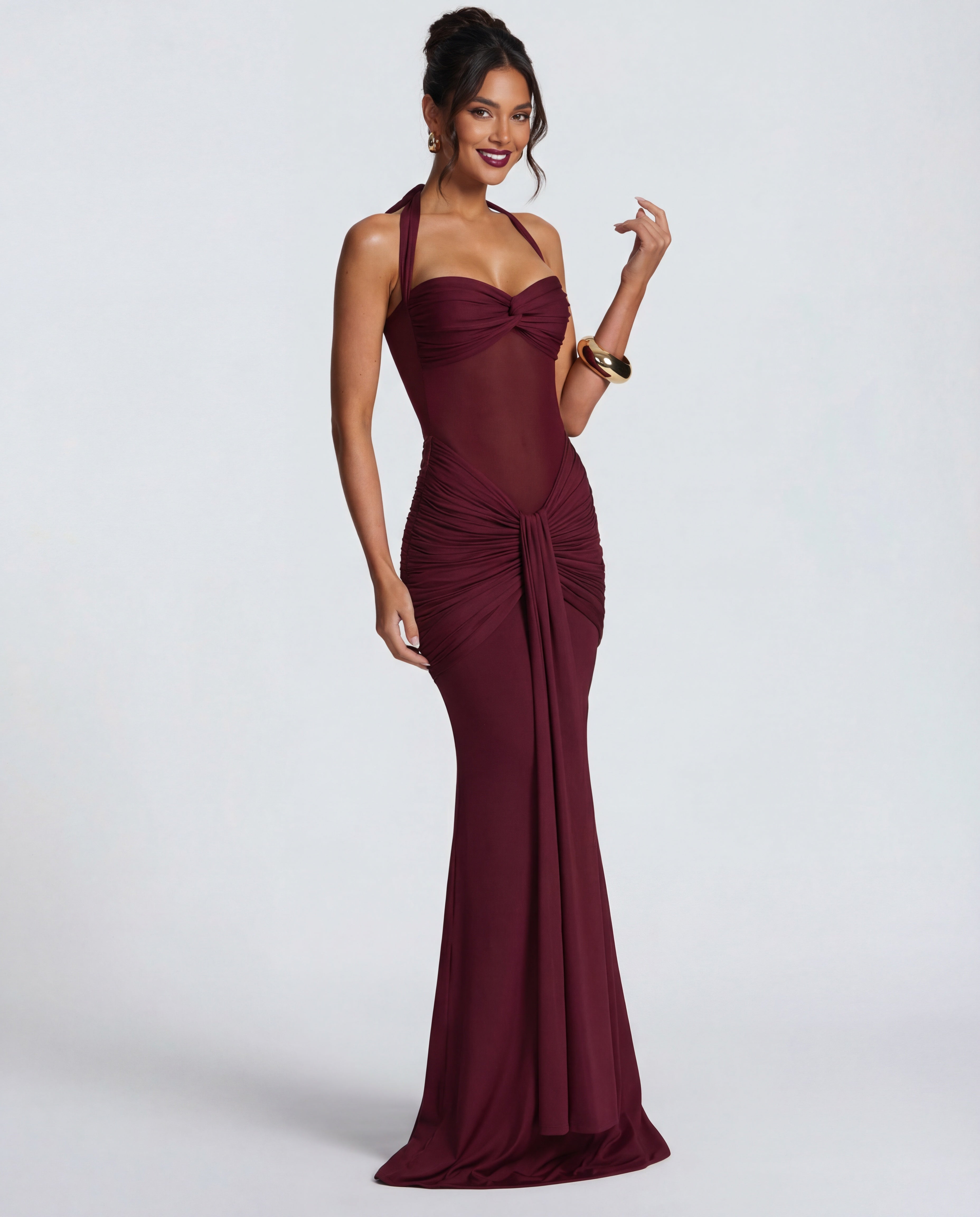 Rosabella |  Radiant Yellow Halter Neck Ruched Maxi Dress