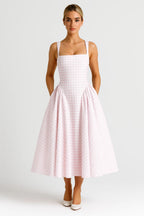 Nicolle | Retro Checkered Square-Neck Midi Dress