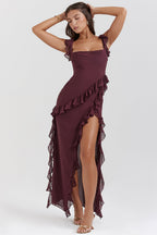 Soho | Square Neck Thigh-High Slit Ruffle Side Maxi Dress