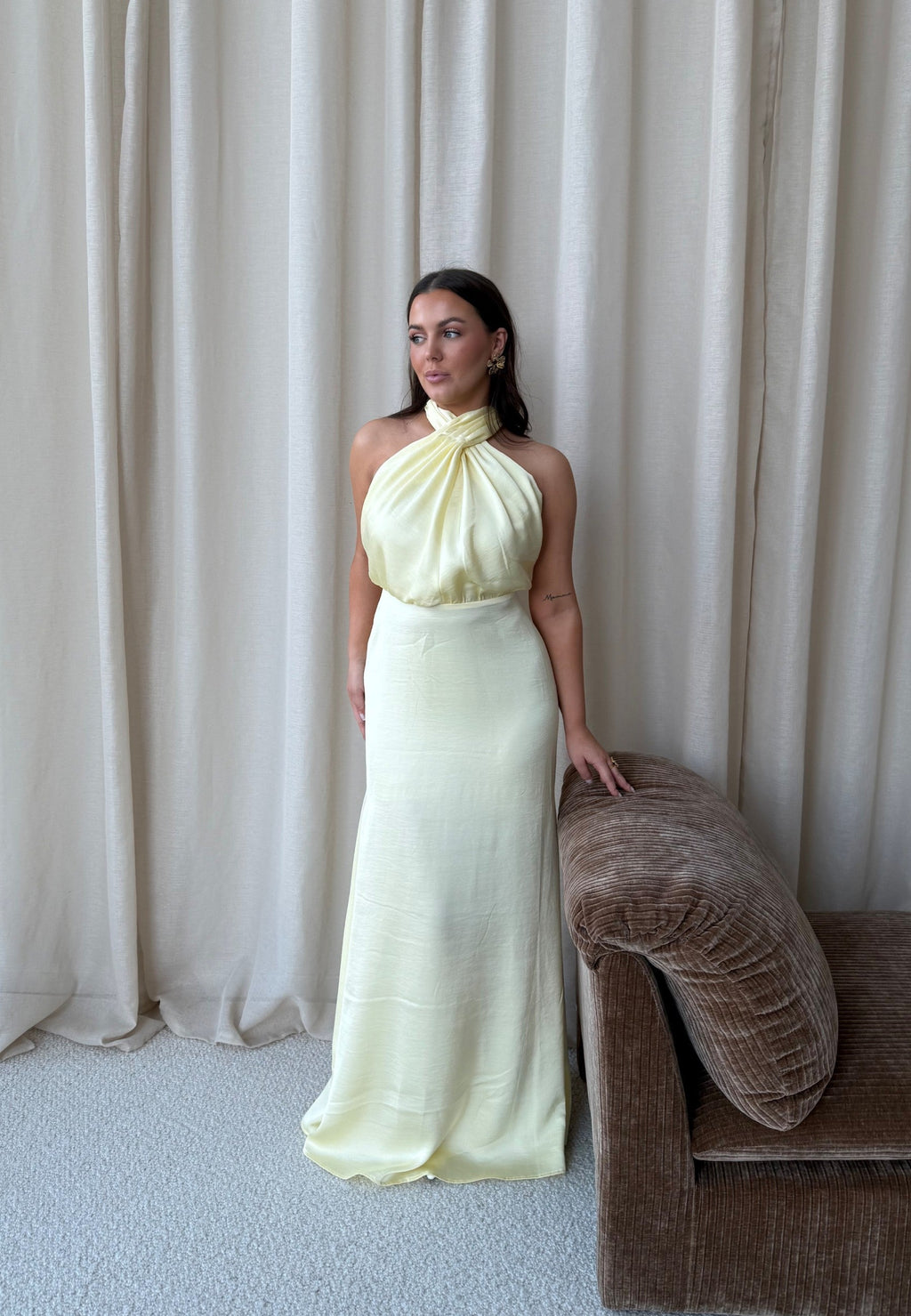 Lola | Buttery Yellow Halterneck Satin Maxi Dress